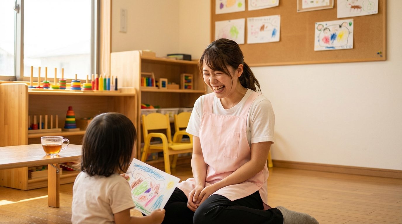 保育園で子どもと笑顔で過ごす保育士